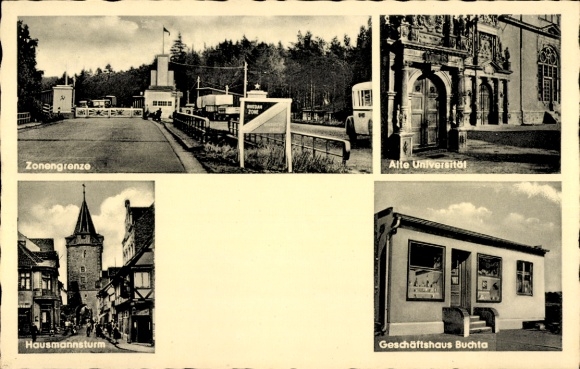 Ak Helmstedt in Nedersaksen, zonegrens, oude universiteit, Hausmannsturm, commercieel gebouw Buchta