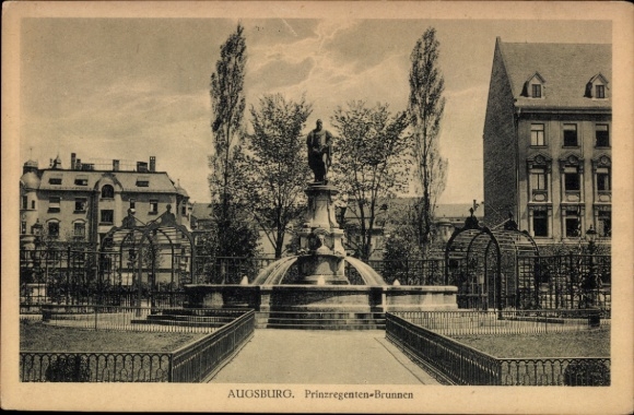 Postcard Augsburg in Swabia, fountain with statue, trees, fence, Augsburg