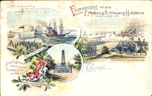 Chromo-Litho survey of Schleswig Holstein 1848-1851, storming of Friedrichstadt, Idstedt monument, Eckernförde