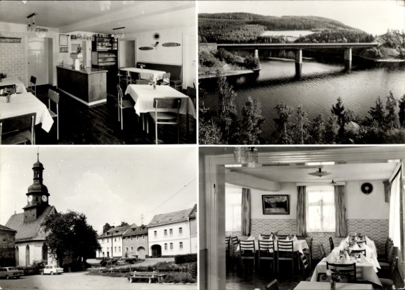 Postcard Gräfenwarth Schleiz, Bleilochsperre, Zur Post restaurant, dining area, bridge, church, landscape