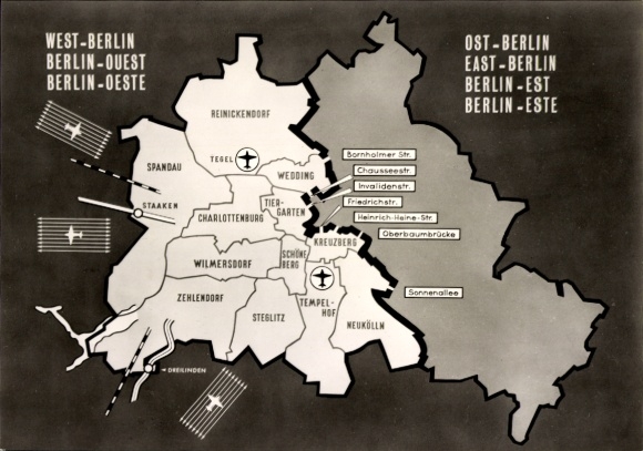 City map Postcard Berlin, overview map with separation wall, crossing points, inner German border