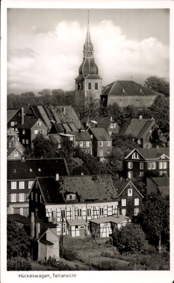 Postcard Hückeswagen in the Oberbergischer Kreis, partial view, church tower