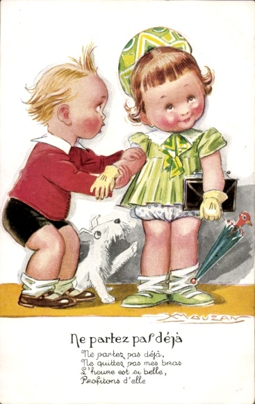 Artist Postcard Mauzan, Ne partez pas deja, Children as adults, Lovers, Dog