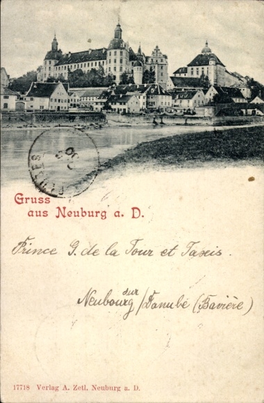 Postcard Neuburg an der Donau Upper Bavaria, front view of a town with historic building, river...
