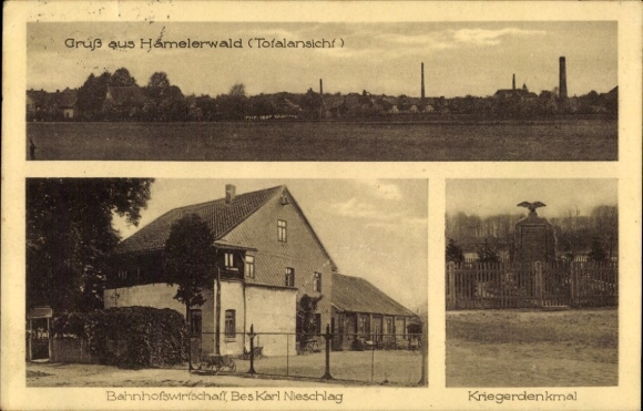 Postcard Hämelerwald Lehrte in Lower Saxony, station restaurant, total view, war memorial