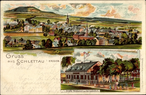 litho Schlettau in het Ertsgebergte, panorama, restaurant naar het Zschopautal