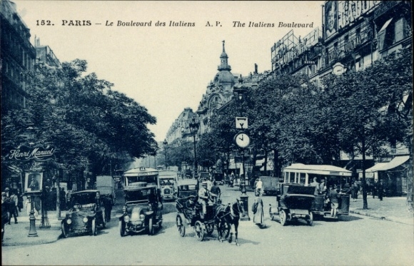 Postcard Paris IX Boulevard de Capucines, Boulevard des Italiens, old cars, street view, Henri Ma