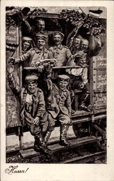 Artist PC Strieffler, Hurray, German soldiers drive out, railway wagon, WWI