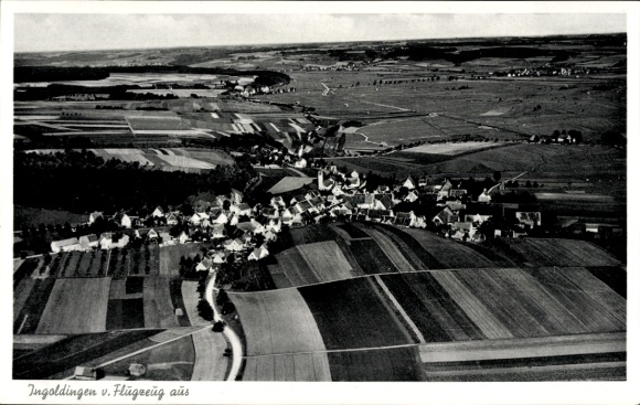 Postcard Ingoldingen, aerial photograph, city panorama, fields, forest