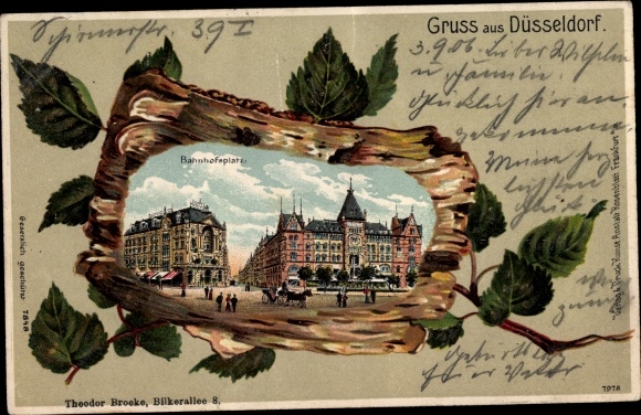 Birch wood Chromo-Litho Düsseldorf am Rhein, Bahnhofsplatz