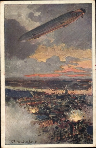 Kunstenaarskaart van hoekbrekers, Themistokles, zeppelin boven Antwerpen, veldslag, I. WW