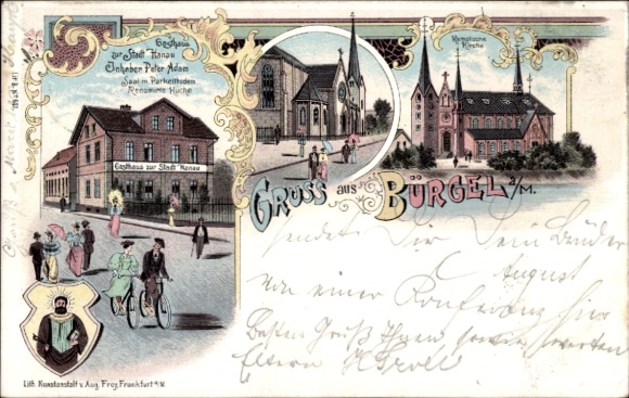 Chromo-Litho Bürgel Offenbach am Main Hessen, Guesthouse City of Hanau, owner Peter Adam, Church