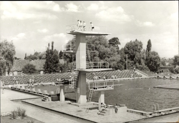 Postcard Forst in Niederlausitz, swimming pool, diving tower