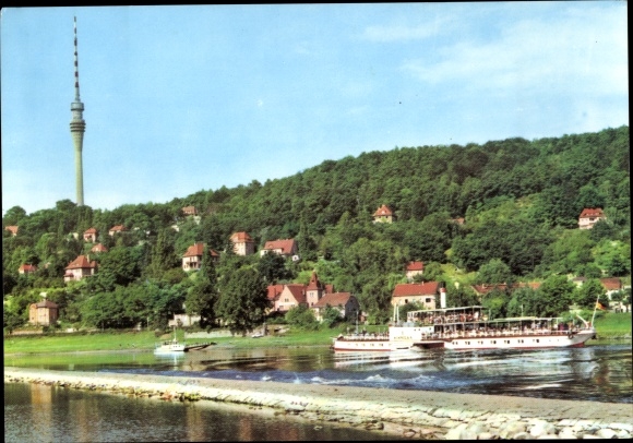 Postcard Dresden Wachwitz, view of the Elbe, White Fleet, TV tower
