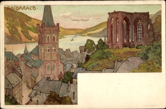 Artist Chromo-Litho Franz Hein, Bacharach am Rhein, view over the town, ruin