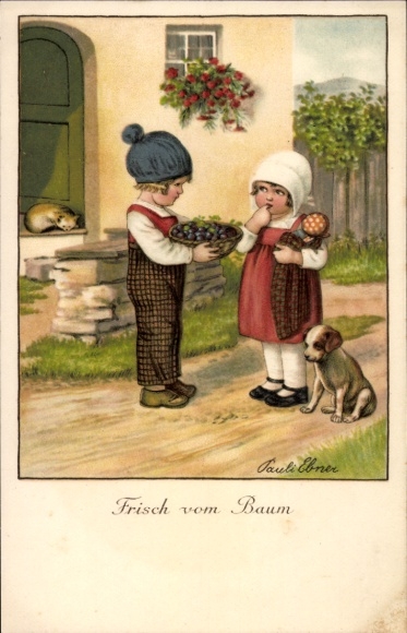Kunstenaar Ak Ebner, Pauli, kinderen, fruit, hond, slapende kat