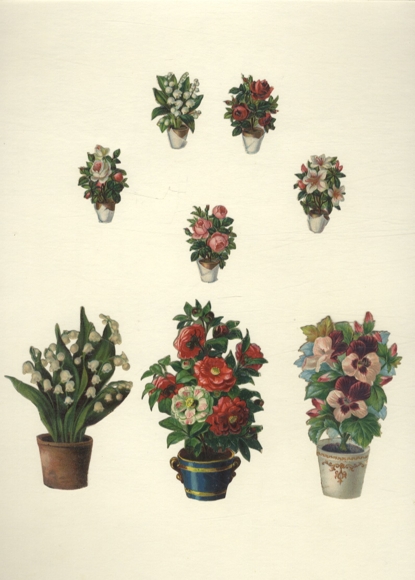 8 Oblaten Blumentöpfe mit Rosen, Maiglöckchen und Stiefmütterchen, ca. 10 x 6 cm und 4 x 3 cm