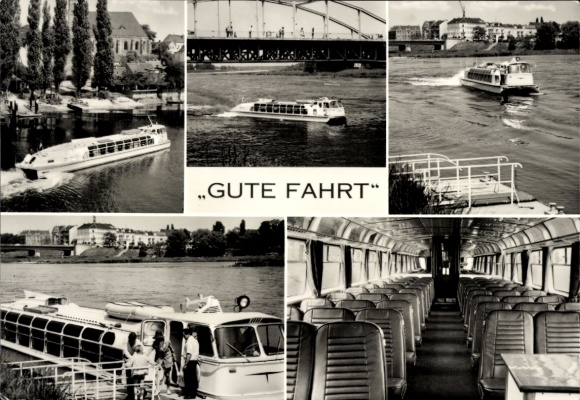 Postcard Frankfurt an der Oder, planing boats type Sarja from VEB Kombinat Kraftverkehr Eisenhüttenstadt