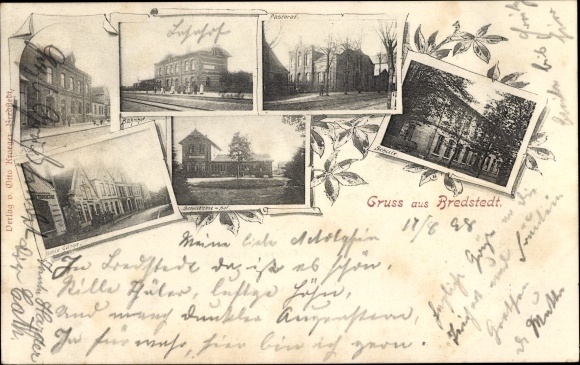 Postcard Bredstedt in North Frisia, train station, pastorate, school