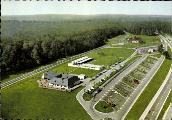 Postcard Rohrbrunn Weibersbrunn in Bavaria, aerial photograph of the motorway rest area in the Spessart, Motel