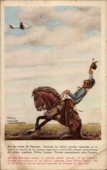 Artist Postcard Molina, Campos, Argentinian Gaucho waving airplane