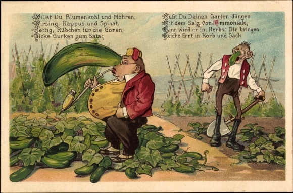 Postcard Humanized cucumbers, advertising, ammonia fertilizer