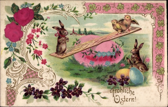 Embossed fabric Chromo-Litho Happy Easter, rabbits and chicks on a seesaw, Easter eggs