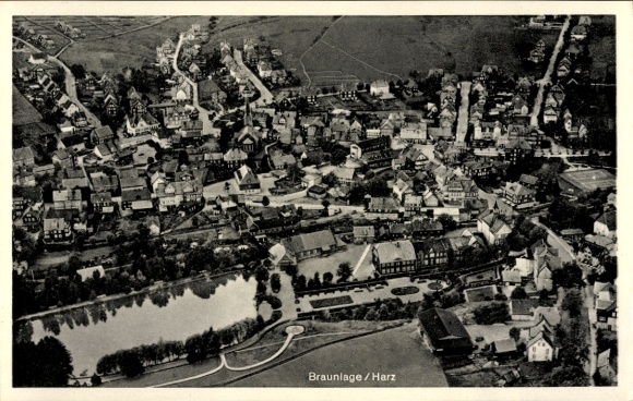 Postcard Braunlage in the Upper Harz, aerial view of Harz, residential buildings, pond, landscape