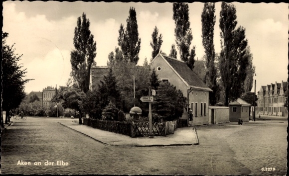 Ak Aken an der Elbe Sachsen Anhalt, Dorfansicht, gekrümmte Straßen, hohe Bäume,  Gebäude