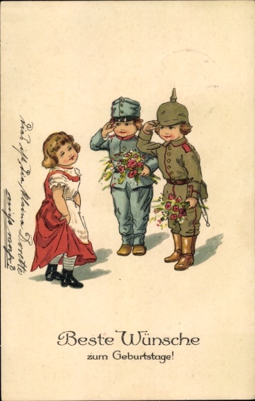 Postcard Bergrade Duvensee in Lauenburg, girl in red dress, two boys in uniform with pickelha...