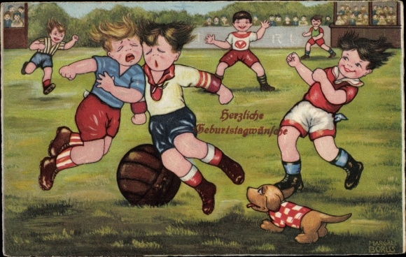 Kunstenaarskaart Boriss, M., voetbalwedstrijd, aanrijding, hond, kijkers