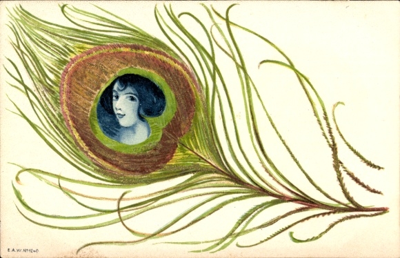 Postcard portrait of a Woman in a Peacock Feather
