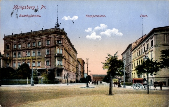 Ak Kaliningrad Königsberg Ostpreußen, Klapperwiese, Bahnhofshotel, Post