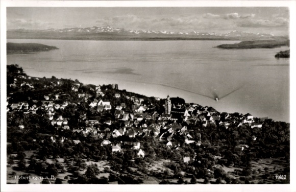 Postcard Überlingen on Lake Constance, landscape view, Lake Constance, mountains in the background