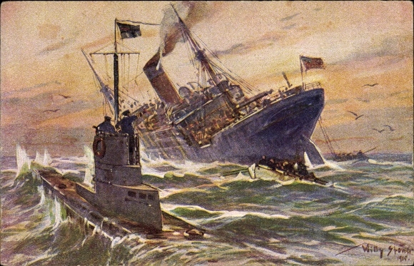 Artist PC Stöwer, Willy, Destruction of an English merchant steamer by a German U-boat