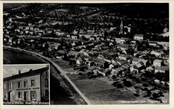 Postcard Besseringen Merzig Saar, aerial photograph, grocery store Ww. Nik. Johann