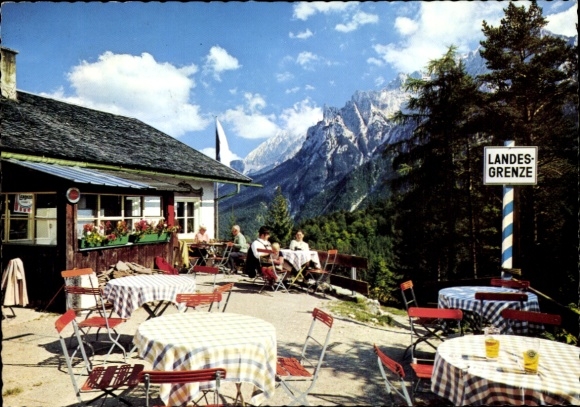 Postcard Mittenwald in Upper Bavaria, state border, Ederkanzel, terrace