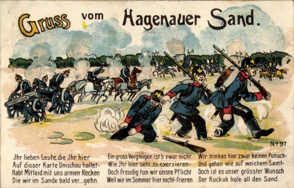 litho Groeten uit Hagenauer Zand, soldaten vast in het zand
