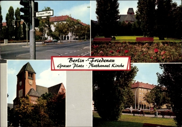 Postcard Berlin Schöneberg Friedenau, Grazer Platz, Nathanael Church, exterior view, park benches