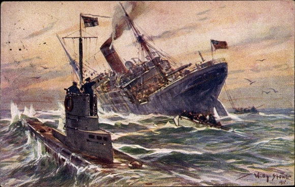 Artist PC Stöwer, Willy, destruction of an English merchant steamer by a German submarine