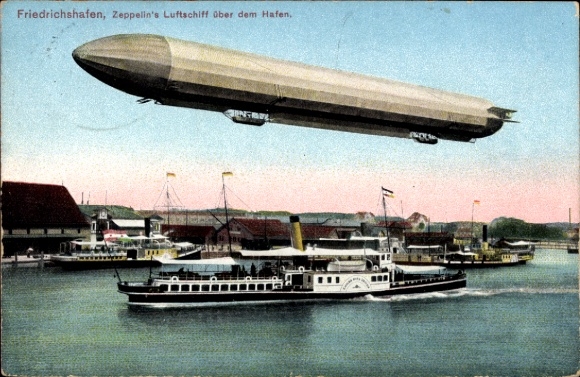Ansichtkaart Friedrichshafen aan het Bodenmeer, Zeppelin, luchtschip, stoomboot