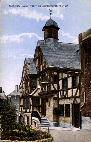 Postcard Assmannshausen Rüdesheim am Rhein, wine bar Altes Haus, half-timbered house, war memorial