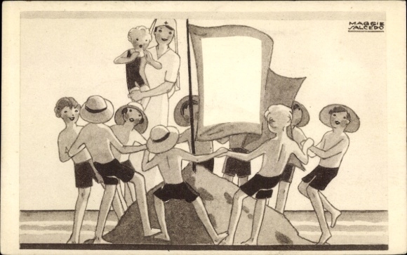 Artist Postcard Salcedo, Maggie, Boy Scouts dancing around a sand castle, Nurse