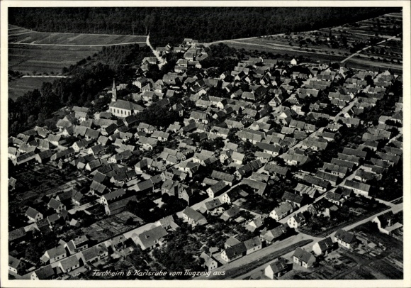 Postcard Forchheim Rheinstetten in Baden, aerial photograph
