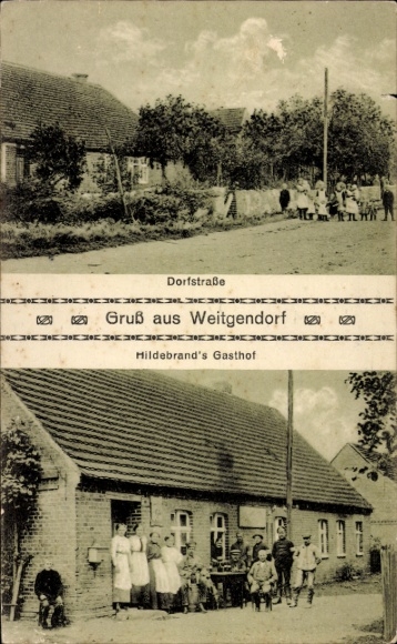 Postcard Telschow-Weitgendorf Putlitz in der Prignitz, Hildebrand's Gasthof, Dorfstraße