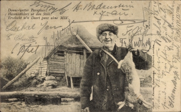 Postcard rabbit hunting, hunter with prey