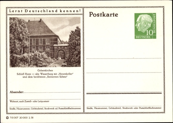Postwaardekaart ansichtkaart Horst Gelsenkirchen in het Ruhrgebied, kasteel Horst, waterburcht met heksenkelder