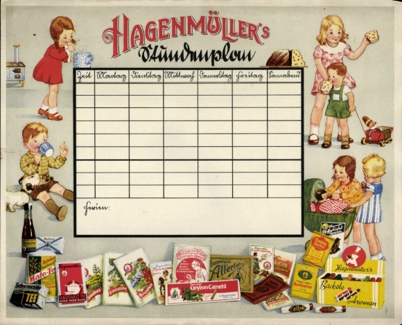 Timetable Hagenmüller foodstuffs, mate tea, baking powder, flavorings, packaging around 1930