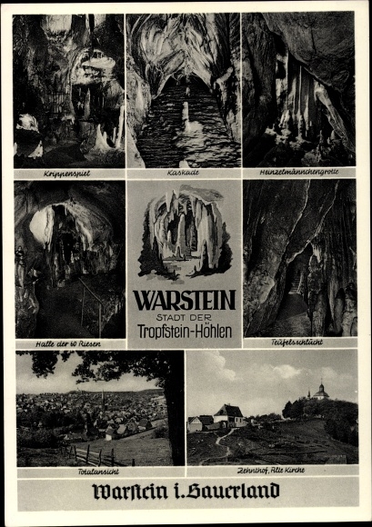 Postcard Warstein im Sauerland, hall of the 60 giants, devil&#39;s gorge, cascade, nativity play