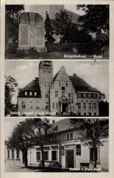 Postcard Cammer near Belzig, war memorial, church, castle, inn Franz Block